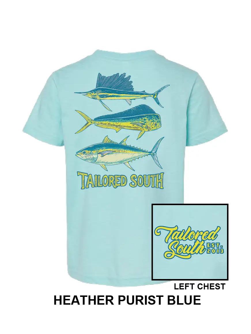 TS023Y - Youth 3 Fish - Heather Purist Blue