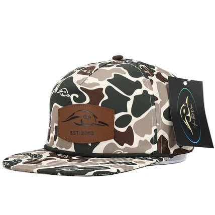 American Flyway Waterfowl- Leather Patch Green and Brown Camo Vintage Rope Old School Hat