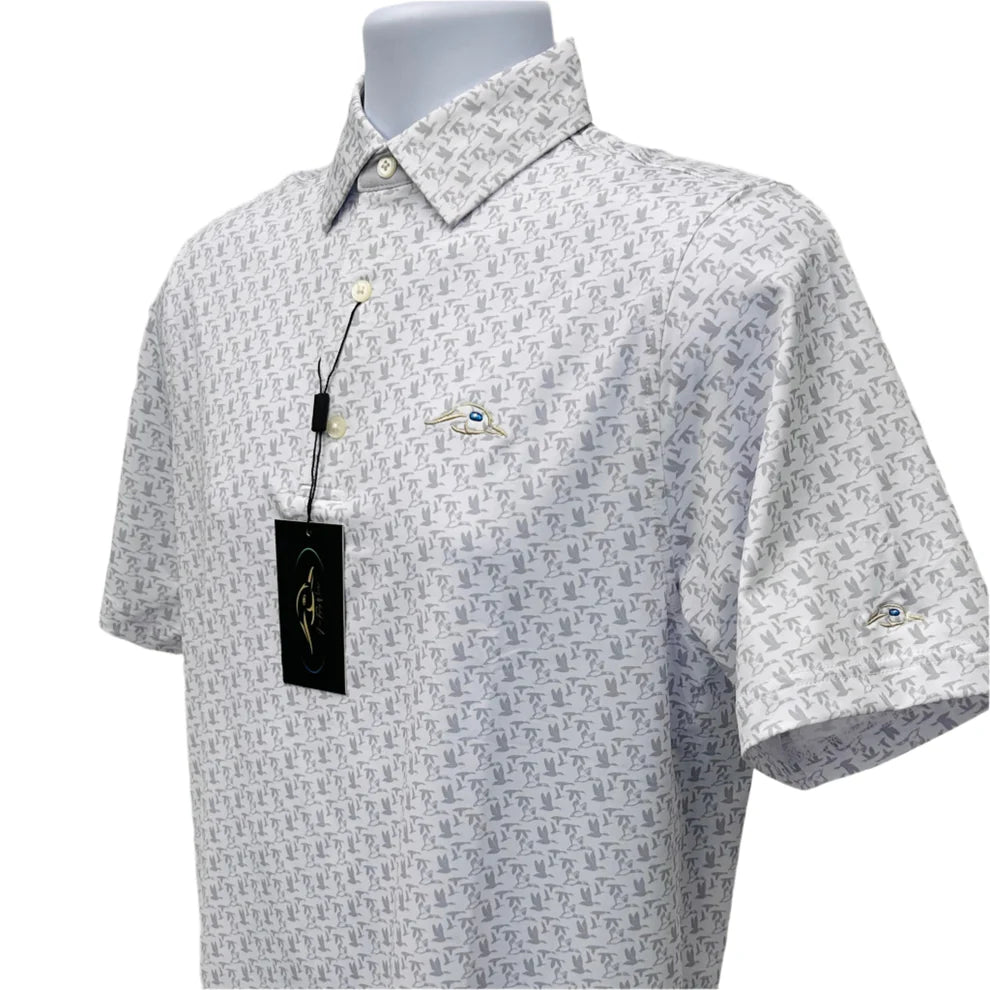 American Flyway Waterfowl= White with Grey Flying Ducks Polo